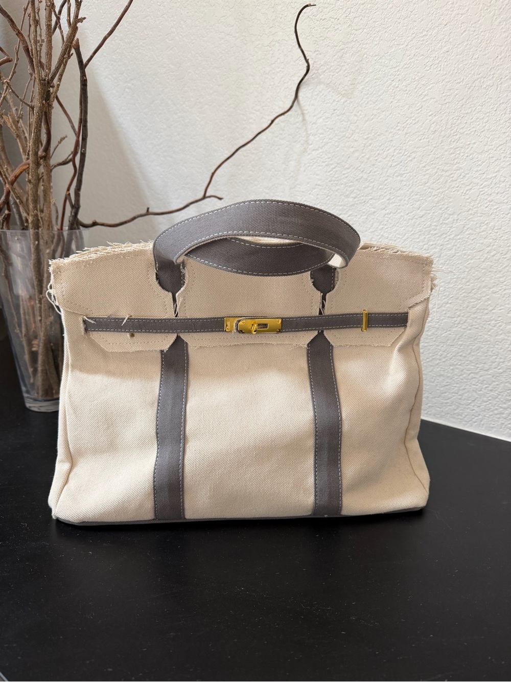 The Boatkin -  Canvas and Taupe Tote Bag with Gold Hardware